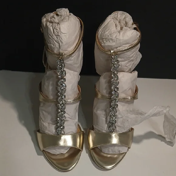 Jewel Badgley Mischka Mica Gold Jeweled Heels Size 10 NEW & Box - Picture 7 of 11